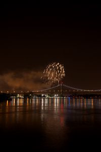 Preview wallpaper fireworks, bridge, lights, river, night