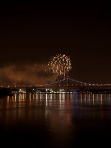 Preview wallpaper fireworks, bridge, lights, river, night