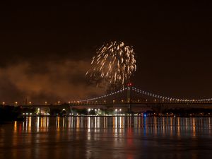 Preview wallpaper fireworks, bridge, lights, river, night