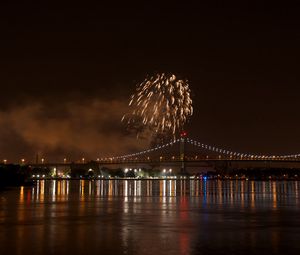 Preview wallpaper fireworks, bridge, lights, river, night