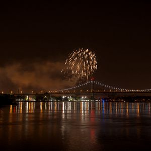 Preview wallpaper fireworks, bridge, lights, river, night