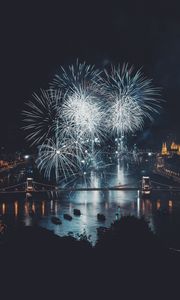 Preview wallpaper fireworks, bridge, river, city, lights, night