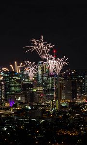 Preview wallpaper fireworks, buildings, lights, night, city, holiday