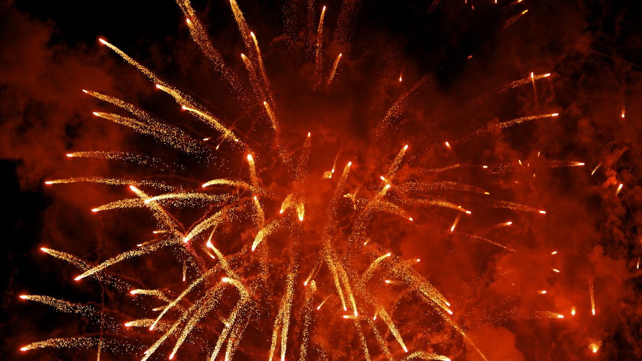 Wallpaper fireworks, explosion, sparks, smoke, red, dark