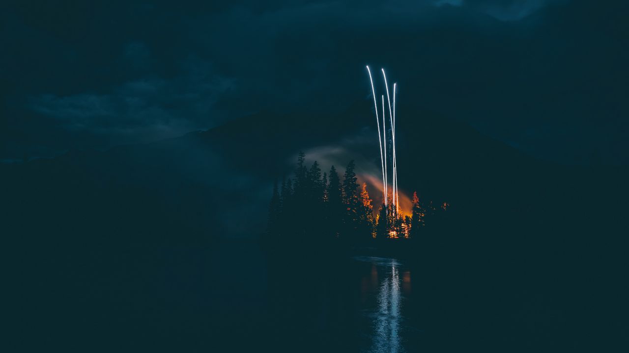 Wallpaper fireworks, night, dark, shore, lake