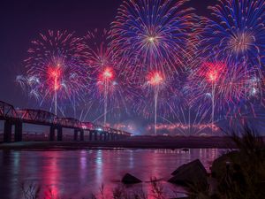 Preview wallpaper fireworks, night, holiday, bridge, dark