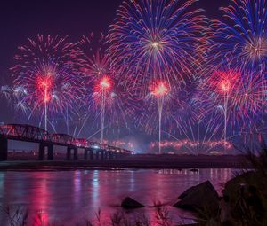 Preview wallpaper fireworks, night, holiday, bridge, dark