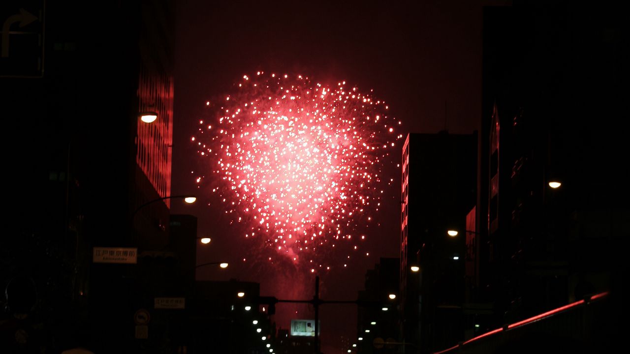 Wallpaper fireworks, pink, street, buildings, dark