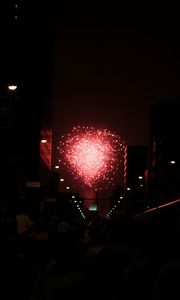 Preview wallpaper fireworks, pink, street, buildings, dark