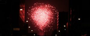 Preview wallpaper fireworks, pink, street, buildings, dark