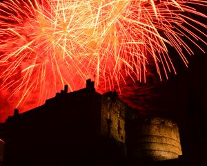 Preview wallpaper fireworks, salute, sparks, red, building, night, dark