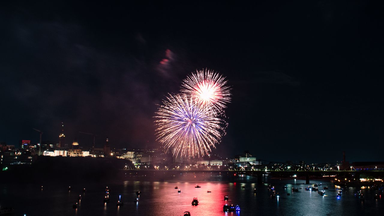 Wallpaper fireworks, sparks, holiday, river, bridge, night