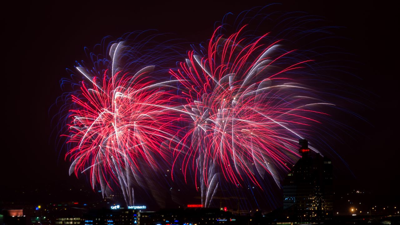 Wallpaper fireworks, sparks, lights, holiday, night, buildings