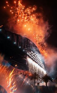 Preview wallpaper fireworks, sparks, smoke, bridge, night