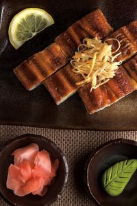 Preview wallpaper fish, sauce, sesame, japanese cuisine, lemon, laying