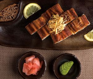 Preview wallpaper fish, sauce, sesame, japanese cuisine, lemon, laying