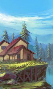 Preview wallpaper fisherman, cliff, house, art