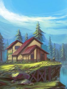 Preview wallpaper fisherman, cliff, house, art