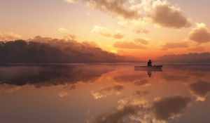 Preview wallpaper fisherman, fog, morning, boat, silhouette