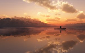 Preview wallpaper fisherman, fog, morning, boat, silhouette