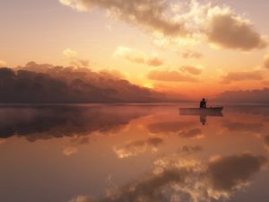 Preview wallpaper fisherman, fog, morning, boat, silhouette