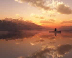 Preview wallpaper fisherman, fog, morning, boat, silhouette