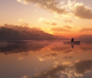 Preview wallpaper fisherman, fog, morning, boat, silhouette