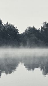 Preview wallpaper fisherman, fog, morning, river, black-and-white