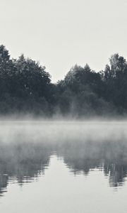 Preview wallpaper fisherman, fog, morning, river, black-and-white