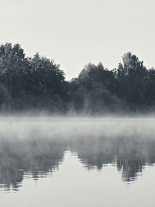 Preview wallpaper fisherman, fog, morning, river, black-and-white