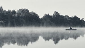 Preview wallpaper fisherman, fog, morning, river, black-and-white