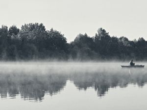 Preview wallpaper fisherman, fog, morning, river, black-and-white