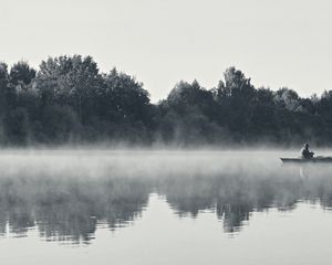 Preview wallpaper fisherman, fog, morning, river, black-and-white