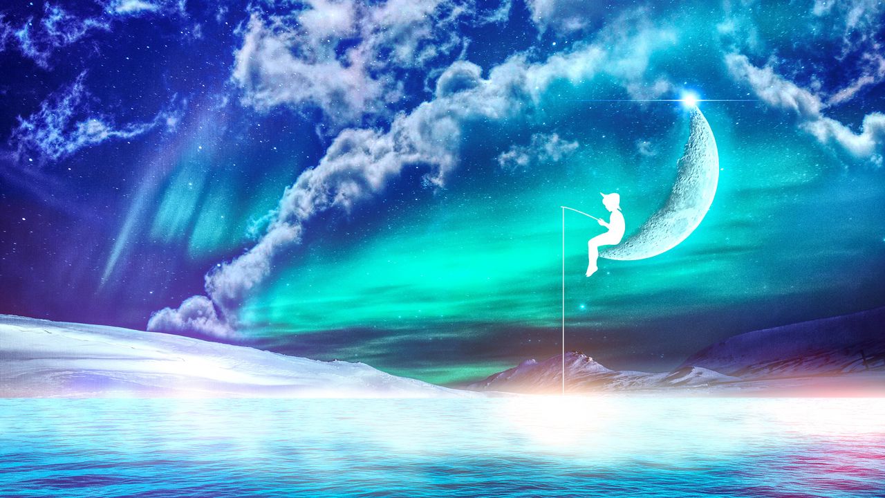 Wallpaper fisherman, moon, fantasy, photoshop, silhouette