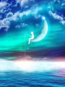 Preview wallpaper fisherman, moon, fantasy, photoshop, silhouette