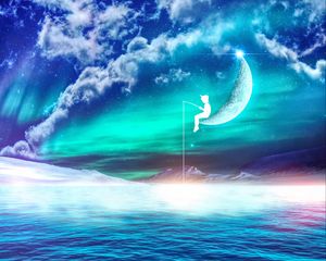 Preview wallpaper fisherman, moon, fantasy, photoshop, silhouette