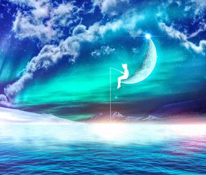 Preview wallpaper fisherman, moon, fantasy, photoshop, silhouette