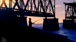Preview wallpaper fisherman, silhouette, sunset, dark