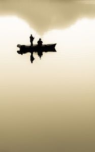 Preview wallpaper fishermen, boat, lake, silhouettes, minimalism