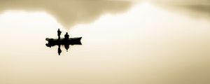 Preview wallpaper fishermen, boat, lake, silhouettes, minimalism