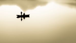 Preview wallpaper fishermen, boat, lake, silhouettes, minimalism