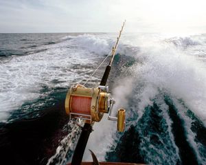 Preview wallpaper fishing, boat, sea, waves, fishing tackle