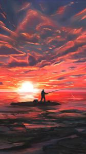 Preview wallpaper fishing, fisherman, fishing rod, sea, sunset, art