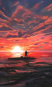 Preview wallpaper fishing, fisherman, fishing rod, sea, sunset, art