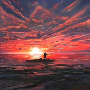 Preview wallpaper fishing, fisherman, fishing rod, sea, sunset, art