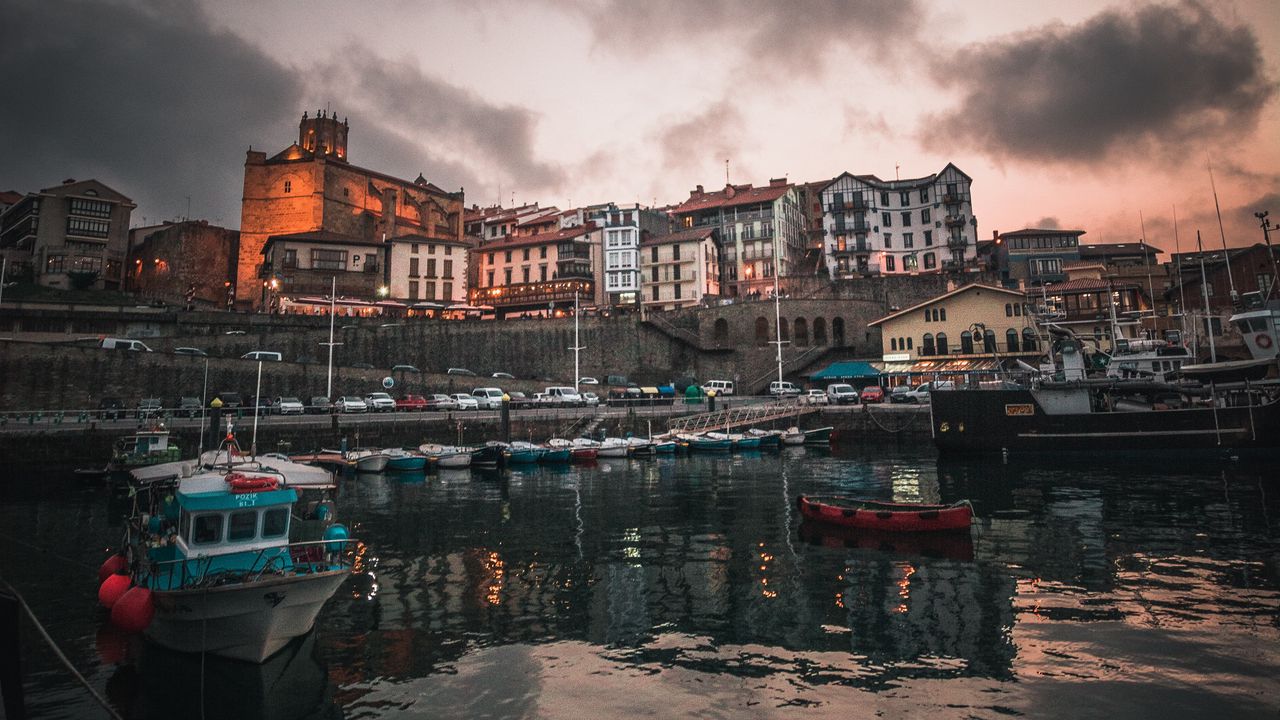 Wallpaper fishing town, spain, pier, buildings, boats, ancient