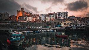 Preview wallpaper fishing town, spain, pier, buildings, boats, ancient