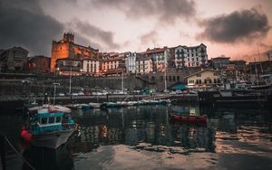 Preview wallpaper fishing town, spain, pier, buildings, boats, ancient