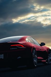 Preview wallpaper fisker, karma, car, sunset, night, sky, red