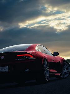 Preview wallpaper fisker, karma, car, sunset, night, sky, red